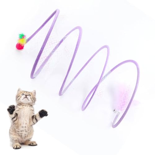 Self-Play Cat Hunting Spiral Tunnel Toy, Spirale Katzentunnel Spielzeug, S Katzen Tunnel Mit Federn und Plüsch Maus Spielzeug, Faltbar Katzentunnel Katzenspielzeug (Lila) von ComedyKing