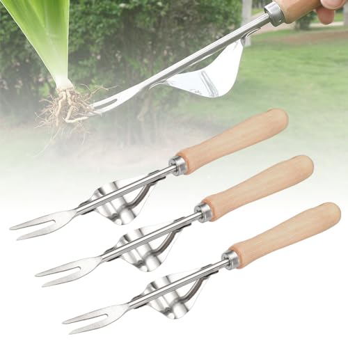 Unkrautstecher Edelstahl, 2025 Neue Handjätgerät für den Garten, Unkrautstecher Gardena Gartenarbeit Hand Unkrautstecher, Gartenarbeit Gabel mit Naturholzgriff für Graben Jäten Lösen (3 Stück) von ComedyKing