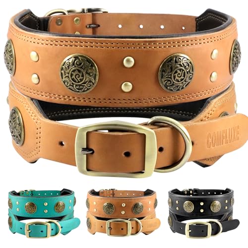 Comfluxe Leder-Hundehalsband für große Hunde, 5,1 cm breit, langlebig, dick, stark, echtes Leder, Spike-Hundehalsband mit Metallschnalle, gepolstertes Halsband mit Nieten-Design für große und von Comfluxe