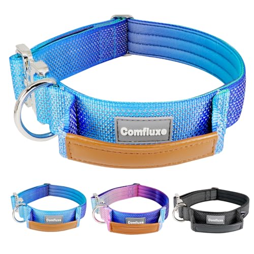 Comfluxe Upgrade Reflektierendes taktisches Militär-Hundehalsband mit Ledergriff & Neopren gepolstert für mittelgroße Hunde, breites, dickes, strapazierfähiges Hundehalsband mit von Comfluxe