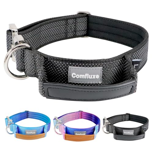 Comfluxe Upgrade Reflektierendes taktisches Militär-Hundehalsband mit Ledergriff & Neopren gepolstert für mittelgroße Hunde, breites, dickes, strapazierfähiges Hundehalsband mit von Comfluxe