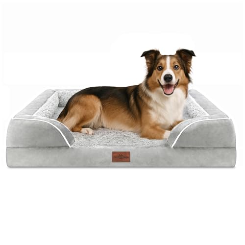 Comfort Expression, großes Hundebett, wasserdichtes orthopädisches Schaumstoff-Hundesofa, bequemes Haustierbett mit waschbarem, abnehmbarem Bezug und rutschfestem Boden (Größe L, grau-weiß) von Comfort Expression