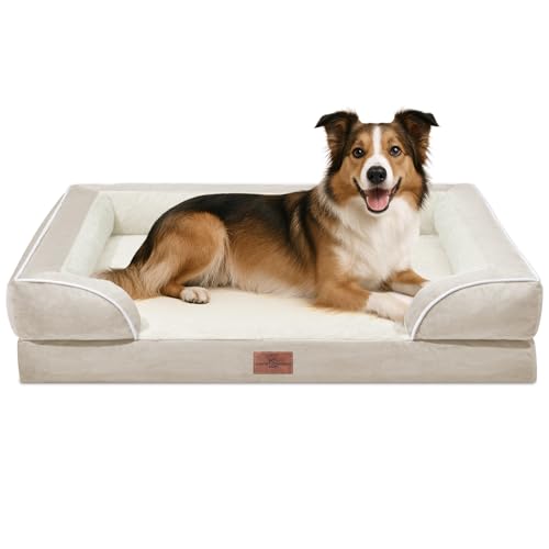 Comfort Expression, großes orthopädisches Hundebett aus Schaumstoff, wasserdicht, bequemes Haustiersofa mit waschbarem, abnehmbarem Bezug und rutschfestem Boden (Größe L, beige) von Comfort Expression