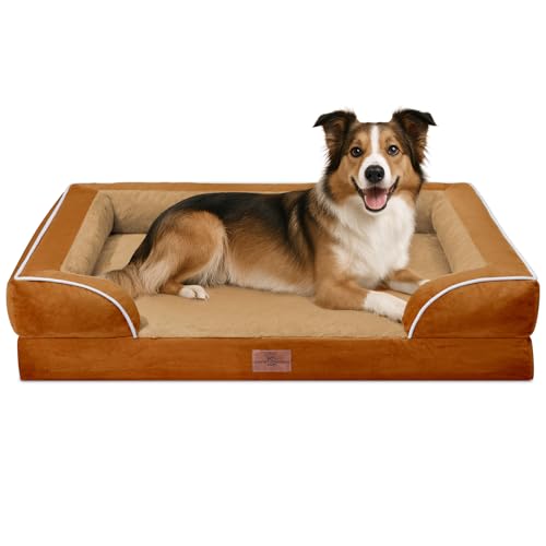 Comfort Expression, großes orthopädisches Hundebett aus Schaumstoff, wasserdicht, bequemes Haustiersofa mit waschbarem, abnehmbarem Bezug und rutschfestem Boden (Größe L, karamellfarben) von Comfort Expression