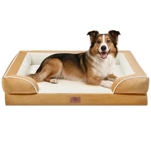 Comfort Expression, großes orthopädisches Hundebett aus Schaumstoff, wasserdicht, bequemes Haustiersofa mit waschbarem, abnehmbarem Bezug und rutschfestem Boden (Größe L, khaki) von Comfort Expression