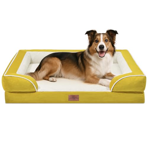 Comfort Expression, großes orthopädisches Hundebett aus Schaumstoff, wasserdicht, bequemes Haustiersofa mit waschbarem, abnehmbarem Bezug und rutschfestem Boden (Größe L, kräftiges Senfgelb) von Comfort Expression