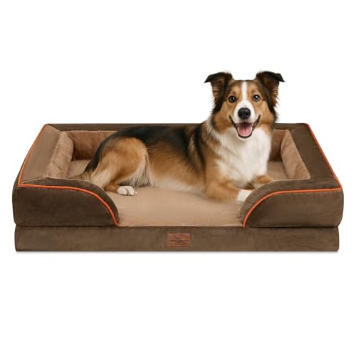 Comfort Expression, wasserdichtes orthopädisches Hundebett aus Schaumstoff für große Hunde, bequemes Haustiersofa mit waschbarem, abnehmbarem Bezug und rutschfestem Boden (Größe L, braun) von Comfort Expression