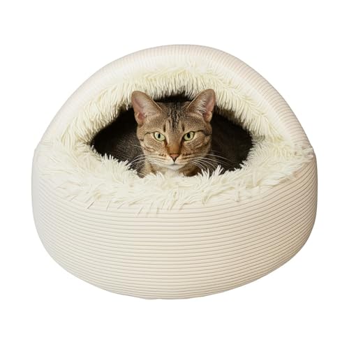 Comfy Whiskers Katzenbett aus Plüsch mit Kapuze, gemütliches Katzenbett für den Innenbereich, beruhigendes weiches Kunstfell, Anti-Angst-Kordsamt-Katzenhöhle, waschbares, rutschfestes Katzenbett von Comfy Whiskers