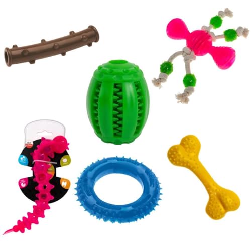 Hundespielzeug-Set für Zahnreinigung - Dental Rugby, Quietschender Stick & Ring, Snacky Worm für Spiel & Gesundheit Set19, 6-teilig von Comfy