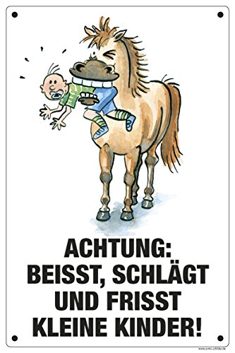 Boxenschild/Stalltafel Beißt, schlägt und frißt kleine Kinder von Comic-Schilder.de