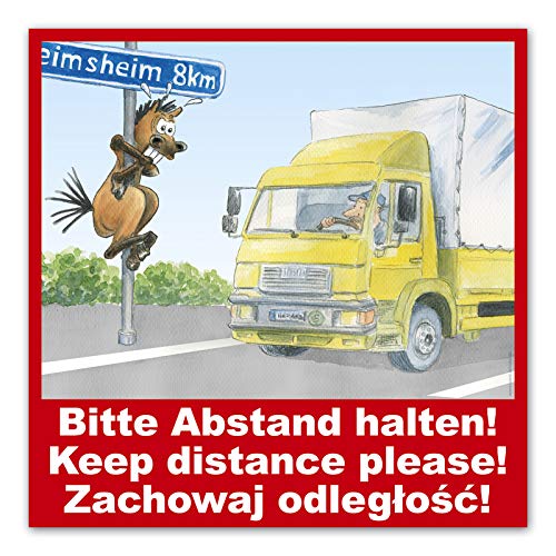 Comic-Schilder.de LKW - Bitte Abstand halten! Aufkleber für den Pferdeanhänger 3-sprachig (deutsch/englisch/polnisch) von Comic-Schilder.de