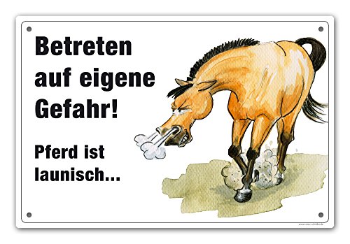 Schild "Betreten auf eigene Gefahr - Launisches Pferd" (Achtung Pferd) von Comic-Schilder.de