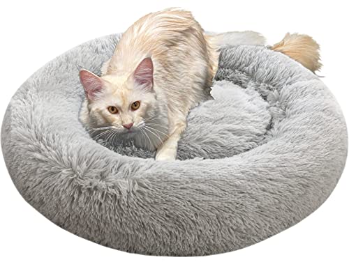 Comlax Beruhigende Donut Hundebetten XL, Rundes Kissen mit abnehmbarem waschbarem Bezug, Anti-Angst-Kunstfell-Kuscheltier, Flauschiges, bequemes, pelziges Haustierbett (50cm, Silber) von Comlax