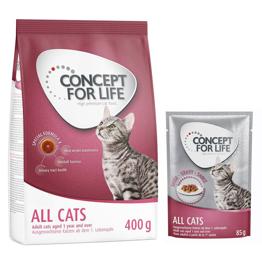 Concept for Life Kombi-Paket: 400 g Trockennahrung + 12 x 85 g Nassnahrung in Soße - All Cats Mixpaket Concept for Life Kombi-Paket: 400 g Trockennahrung + 12 x 85 g Nassnahrung in Soße - All Cats Mixpaket von Concept for Life