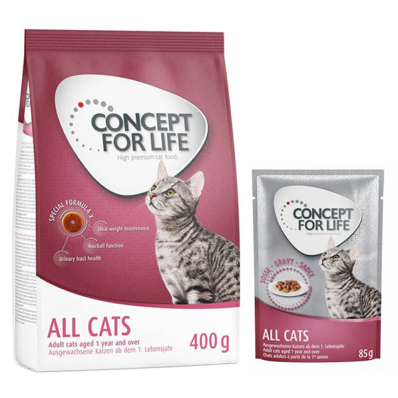 Concept for Life Kombi-Paket: 400 g Trockennahrung + 12 x 85 g Nassnahrung in Soße - All Cats Mixpaket von Concept for Life