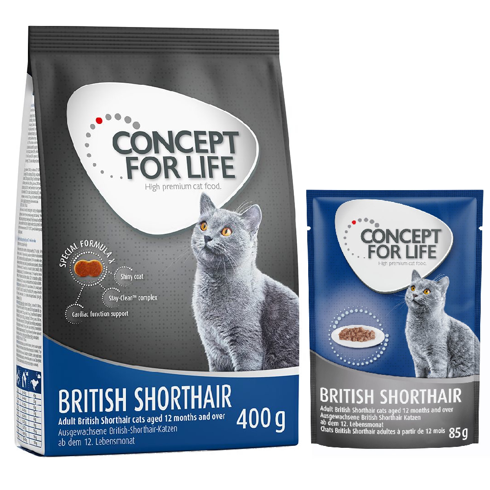 Concept for Life Kombi-Paket: 400 g Trockennahrung + 12 x 85 g Nassnahrung in Soße - British Shorthair Mixpaket von Concept for Life