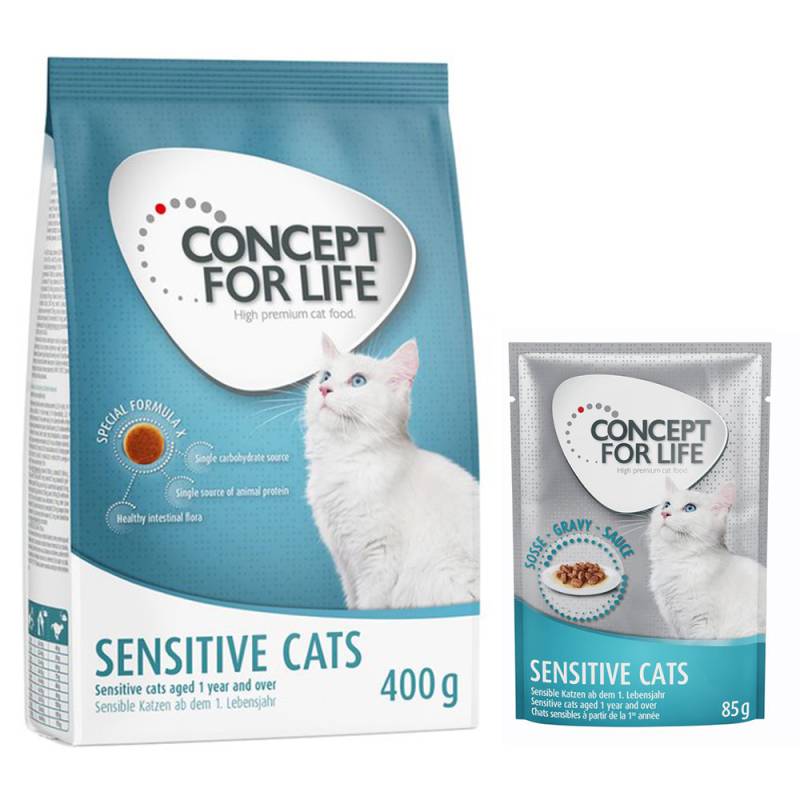 Concept for Life Kombi-Paket: 400 g Trockennahrung + 12 x 85 g Nassnahrung in Soße - Sensitive Cats Mixpaket Concept for Life Kombi-Paket: 400 g Trockennahrung + 12 x 85 g Nassnahrung in Soße - Sensitive Cats Mixpaket von Concept for Life