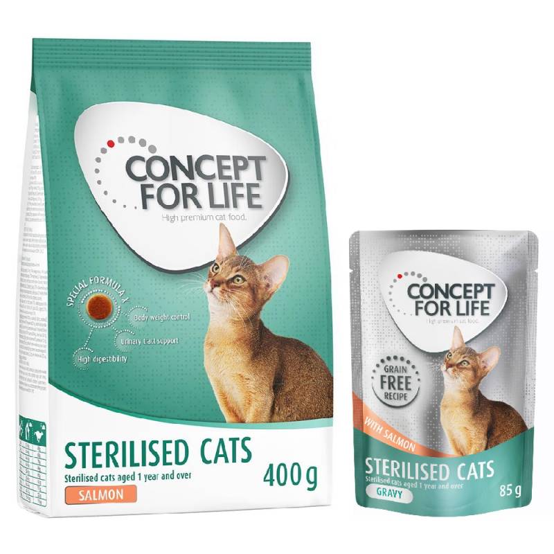 Concept for Life Kombi-Paket: 400 g Trockennahrung + 12 x 85 g Nassnahrung in Soße - Sterilised Cats Lachs Mixpaket Concept for Life Kombi-Paket: 400 g Trockennahrung + 12 x 85 g Nassnahrung in Soße - Sterilised Cats Lachs Mixpaket von Concept for Life
