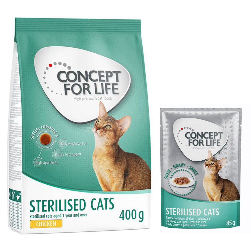 Concept for Life Kombi-Paket: 400 g Trockennahrung + 12 x 85 g Nassnahrung in Soße - Sterilised Cats Mixpaket von Concept for Life
