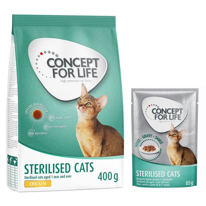 Concept for Life Kombi-Paket: 400 g Trockennahrung + 12 x 85 g Nassnahrung in Soße - Sterilised Cats Mixpaket Concept for Life Kombi-Paket: 400 g Trockennahrung + 12 x 85 g Nassnahrung in Soße - Sterilised Cats Mixpaket von Concept for Life