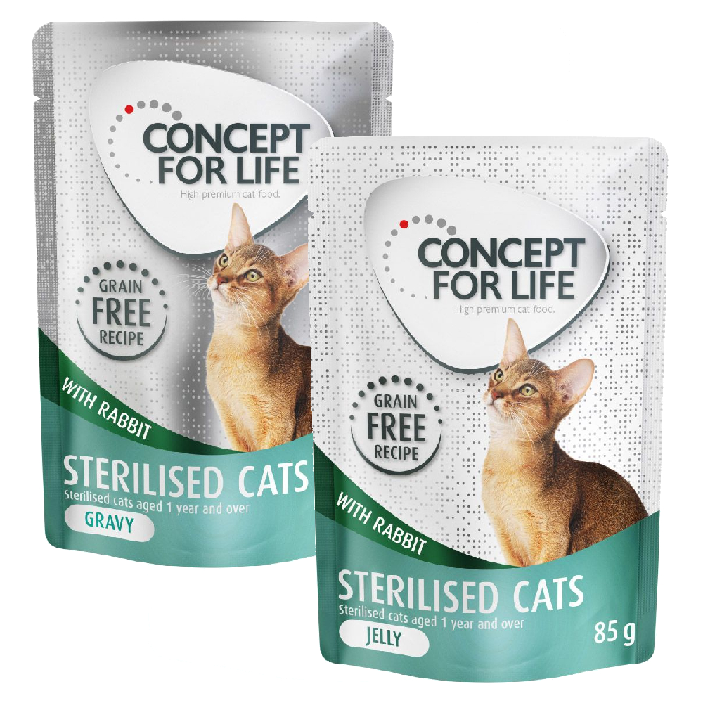 Gemischtes Sparpaket Concept for Life getreidefrei Gelee & Soße 24 x 85 g - Sterilised Cats Kaninchen - in Soße und Gelee von Concept for Life