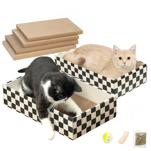 Conlun Katzenkratzbox mit 4 Kratzbretter Katze & 2 Separaten Katzen Kartons & 1 Katzenball, 2-in-1 Kratzpappe für Katzen zum Kratzen & Ausruhen, Katzenspielzeug Set von Conlun