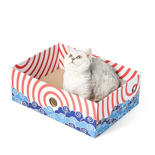 Conlun Kratzpads für Katzen Kratzbrett - Tragbare Katzenkratzbox mit Katzenkratzbrett - Robuste doppelseitige kratzpappe für Katzen und interaktives Lochdesign Kratzpappe für Katzen - groß - Rot von Conlun
