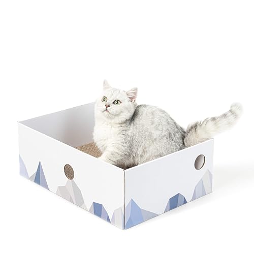 Conlun Kratzpads für Katzen Kratzbrett - Tragbare Katzenkratzbox mit Katzenkratzbrett - Robuste doppelseitige kratzpappe für Katzen und interaktives Lochdesign Kratzpappe für Katzen - groß - Weiß von Conlun