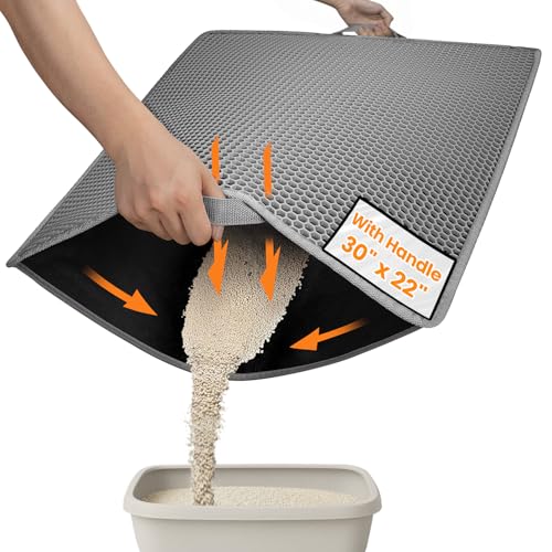 Conlun Katzenstreu Matte mit Griffen, XXL 76x55cm Doppelschicht-Design Urinfest & rutschfest, Honigwaben fängt Streu, Einfach Reinigen (Grau) von Conlun