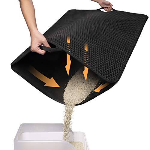 Conlun Katzenstreu Matte mit Griffen,Doppelschichtiges Honigwaben-Design Katzenmatte zur Streukontrolle,Katzenklo Matte mit Rutschfester Rückseite,Einfach zu Reinigen (Schwarz,76x54,5cm) von Conlun