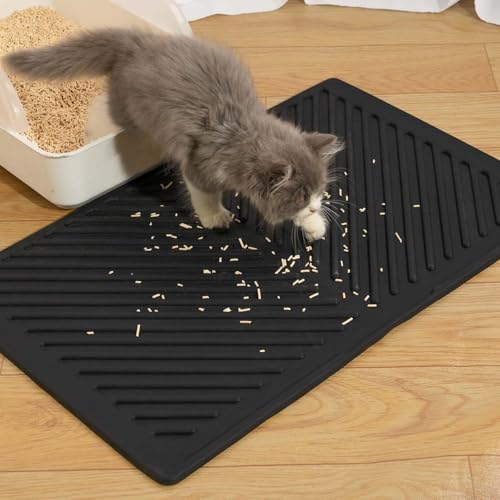 Conlun Silikon Katzenklo Matte, 60x38cm Gummi Katzenstreu Matte, Wasserdicht, Katzenmatte Katzenklo für den Boden, Leicht zu Reinigen, rutschfeste Katzenklomatte zur Streukontrolle, Schwarz von Conlun