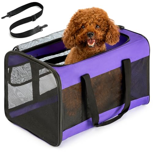 Conlun Hundetransporttasche – Weichwandige Tragetasche mit 4-Seitigem Mesh für Kleine Hunde & Große Katzen bis 9kg, Klappbare Reisetasche mit Atmungsaktivem Design in Größe L-Lila von Conlun
