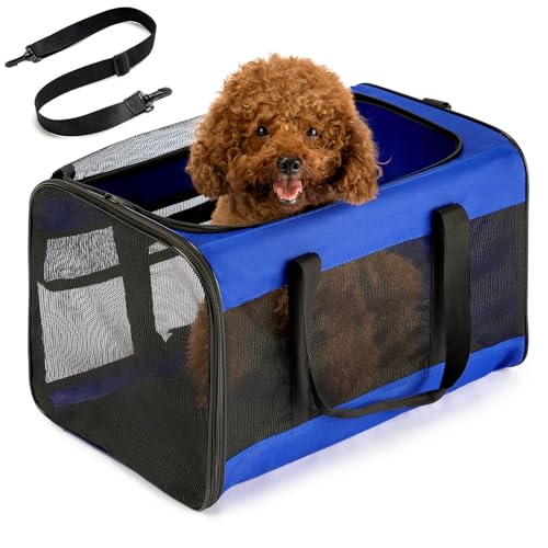 Conlun Hundetransporttasche – Weichwandige Tragetasche mit 4-Seitigem Mesh für Kleine Hunde & Große Katzen bis 9kg, Klappbare Reisetasche mit Atmungsaktivem Design in Größe L-Blau von Conlun