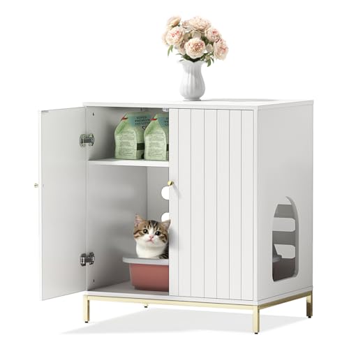 Stilvolles Katzentoilettengehäuse, modernes verstecktes Katzenklo mit hohen Beinen, seitlichem Eingang und doppelter Verwendung als Beistelltisch für Wohnzimmer oder Schlafzimmer (Weiß & Gold) von Convend
