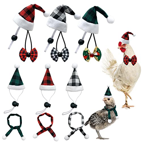 CooShou 12-teiliges Weihnachts-Hühner-Mütze, Schal, Fliegen-Set, Mini-Weihnachtsmann, kariert, für Kleintiere, Rot, Grün, Grau, Meerschweinchen, Hamster von CooShou