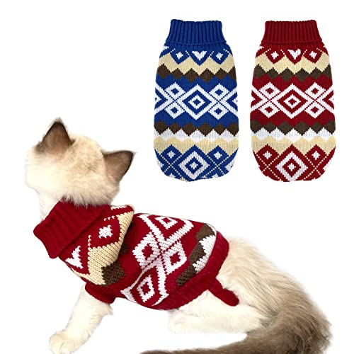CooShou 2 Stück Weihnachten Hund Pullover Kostüm Katze Strickwaren Hund Xmas Kleidung Blau Weihnachten Rot Pullover mit Diamant Plaid Muster für Kätzchen Katze Welpen Hund L von CooShou