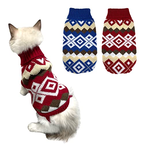 CooShou 2 Stück Weihnachten Hund Pullover Kostüm Katze Strickwaren Hund Xmas Kleidung Blau Weihnachten Rot Pullover mit Diamant Plaid Muster für Kätzchen Katze Welpen Hund M von CooShou