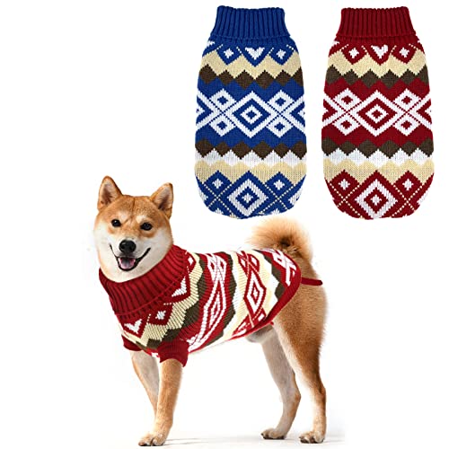 CooShou 2 Stück Weihnachten Hund Pullover Kostüm Katze Strickwaren Hund Xmas Kleidung Blau Weihnachten Rot Pullover mit Diamant Plaid Muster für Kätzchen Katze Welpen Hund XL von CooShou
