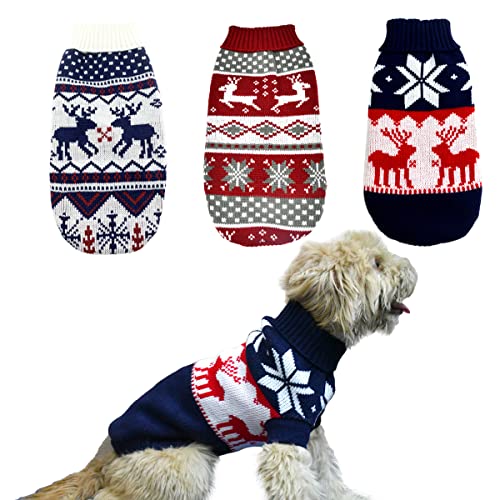 CooShou 3 Stück Weihnachtspullover für Hunde, Katzen, Strickwaren, Kleidung, Marineblau, Weiß und Weihnachten, Rot, Pullover mit Rentieren, Schneeflocken-Muster für Kätzchen, Katzen, Welpen, Hunde, XL von CooShou