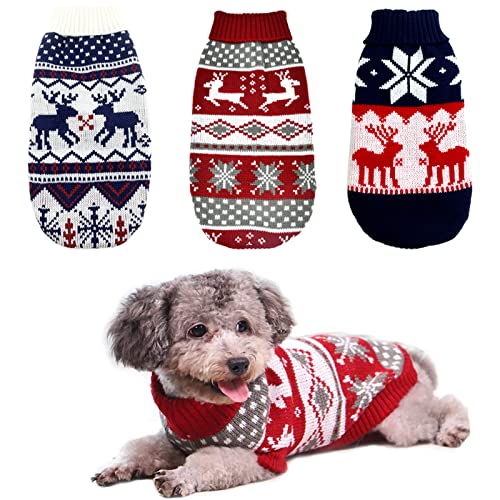 CooShou 3 Stück Weihnachtspullover für Hunde, Weihnachten, Katzen, Strickwaren, Kleidung, Marineblau, Weiß und Weihnachten, Rot, Pullover mit Rentieren, Schneeflocken-Muster für Kätzchen, Hunde, M von CooShou