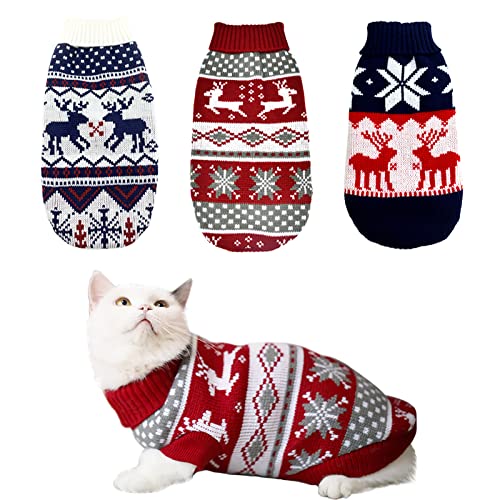 CooShou 3 Stück Weihnachtspullover für Hunde, Weihnachten, Katzen, Strickwaren, Kleidung, Marineblau, Weiß und Weihnachten, Rot, Pullover mit Rentieren, Schneeflocken-Muster für Kätzchen, Hunde, L von CooShou