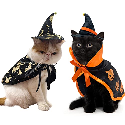 CooShou 4 Stück Katze Halloween Kostüm Katze Umhang Hut mit Glocken Kürbis Fledermaus Katze Halloween Cosplay Party Umhang für Katzen Welpen Hunde von CooShou
