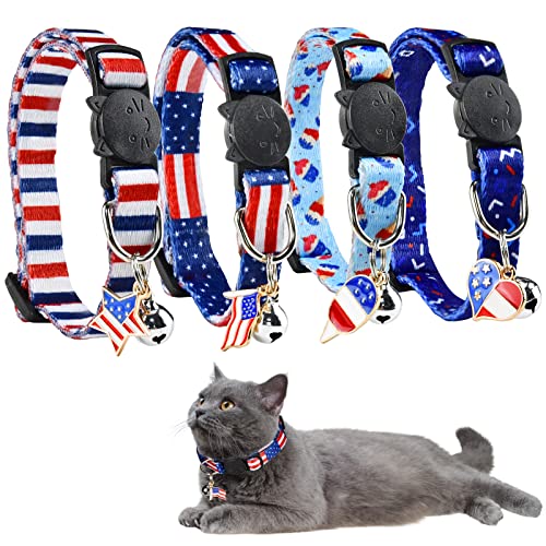 CooShou 4 Stück Unabhängigkeitstag Katzenhalsbänder mit Glocken Amerikanische Flagge & Eis Pop Anhänger Halsbänder für Kätzchen Welpen Verstellbare Halsbänder für Katzen Kleine Hunde von CooShou