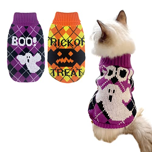 CooShou Halloween-Hundepullover, Kätzchen, Strickwaren, Hundekleidung, Orange, Süßes oder Leckerli, violett, Geister-Boo-Muster für Kätzchen, Katzen, Welpen, Hunde, XS, 2 Stück von CooShou