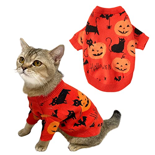 CooShou Halloween Pullover Kostüm für Hunde Katze Kürbis Strickwaren Kleidung Kostüm mit Kürbis Kätzchen Muster Hund Halloween Pullover Mantel für Kätzchen Kleine Hunde Katzen M von CooShou