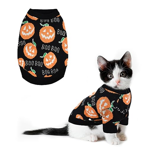 CooShou Haustier Welpen Hund Halloween Pullover Katze Kürbis Strickwaren Kleidung Kostüm mit niedlichem Boo Muster Halloween Pullover Mantel für Kätzchen Kleine Hunde Katzen L von CooShou