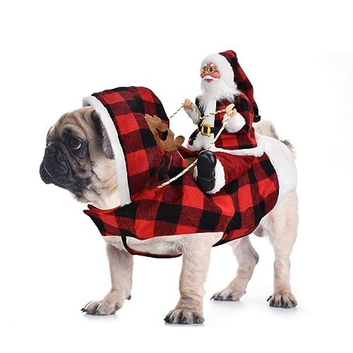 CooShou Hunde-Weihnachtskostüm, laufender Weihnachtsmann, der auf Haustier reitet, Weihnachten, Winter, kariert, Kapuzenjacke für Hund, Katze, Weihnachtsferien, Outfit, Haustier, Weihnachten, von CooShou
