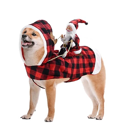 CooShou Hunde-Weihnachtskostüm, laufender Weihnachtsmann, der auf Haustier reitet, Weihnachten, Winter, kariert, Kapuzenmantel für Hund, Katze, Weihnachtsferien, Outfit, Haustier, Weihnachten, von CooShou