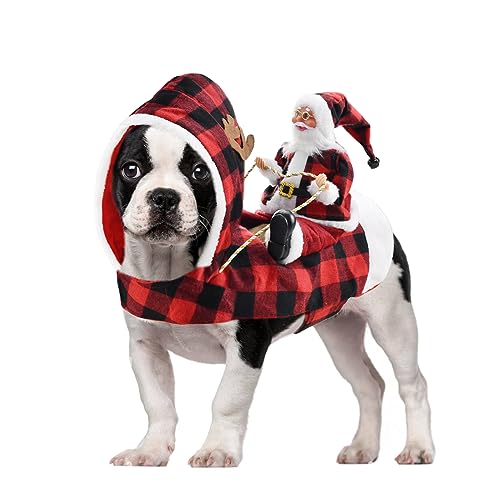 CooShou Hunde-Weihnachtskostüm, laufender Weihnachtsmann, reitet auf Haustier, Weihnachten, Winter, kariert, Kapuzenjacke für Hund, Katze, Weihnachtsferien, Outfit, Haustier, Weihnachten, von CooShou