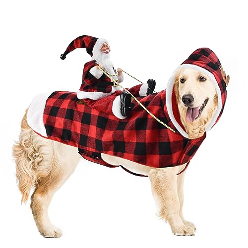 CooShou Hunde-Weihnachtskostüm, laufender Weihnachtsmann, reitet auf Haustier, Weihnachten, Winter, kariert, Kapuzenjacke für Hund, Katze, Weihnachtsferien, Outfit, Haustier, Xmas Hundekleidung, XXL von CooShou
